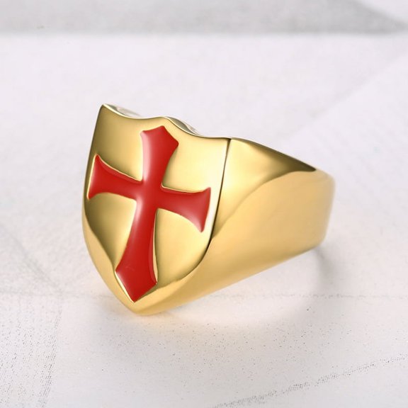 Punk Men's Knights Templar Ring Red Cross 14K Yellow Gold Shield Rings Jewelry