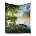 thumbnail image 1 of Landscape Soft Flannel Fleece Throw Blanket, Fishing Pier by River in the Morning Clouds and Trees Nature Image, Cozy Plush for Indoor and Outdoor Use, 70" x 90", Green Blue White, by Ambesonne, 1 of 6