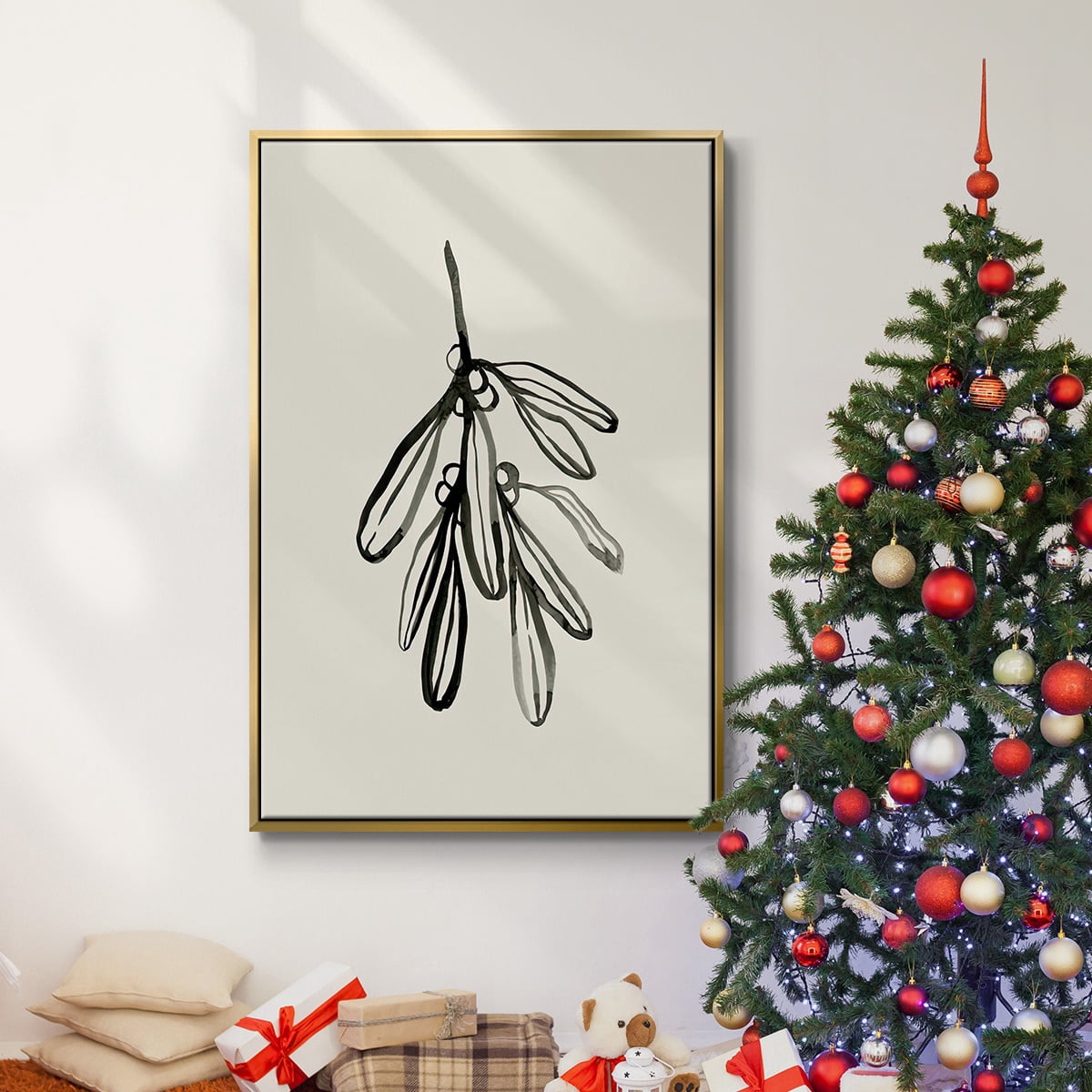 Mistletoe Sketch I - Framed Gallery Wrapped Holiday Canvas - 17 x 25 - Gold Frame