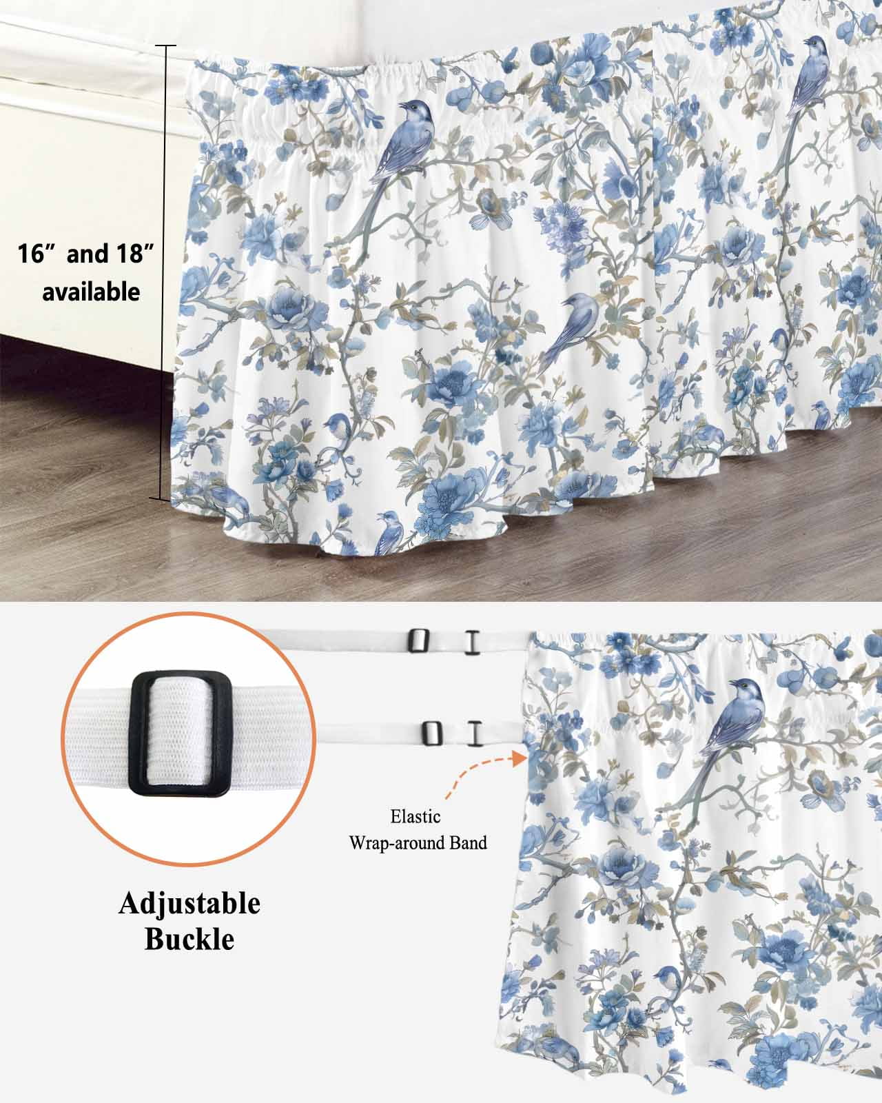 Blue Floral Birds Wrap Around Bed Skirts for King Bed 16" Drop, Bed Skirt with Adjustable Elastic Belt Dust Ruffle Bed Valance for Bedroom Hotel Luxury Farmhouse Flowers Pastoral Bed Frame Cover