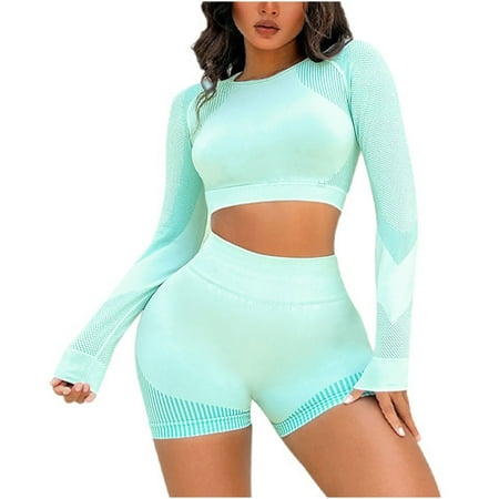 Abomasnow Workout Sets for Women High Waist Tummy Control Butt Lifter Shorts with Long Sleeve Crop Tops on Sale Clearance 2024