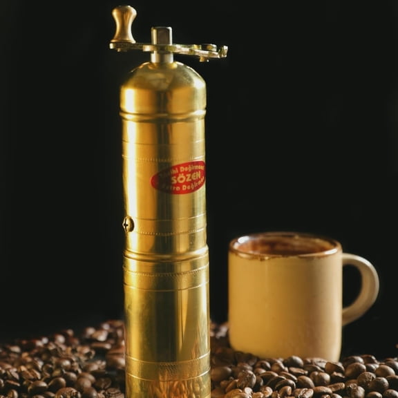 Sozen 7" Manual Coffee Grinder Brass – Hand Crank Burr Mill for Turkish Coffee, French Press, Espresso, Camping & Home Use – Portable Coffee Bean Grinder, Adjustable Conical Grinder