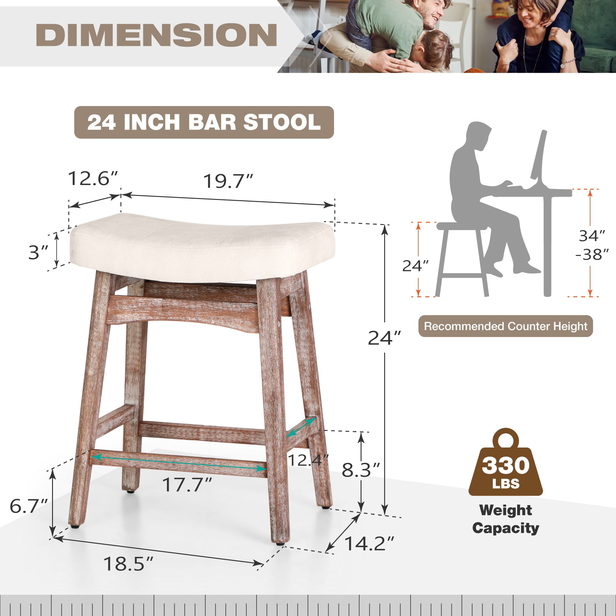 Summit Living 24 inch Wooden Backless Counter Height Bar Stools Set of 3, Linen Saddle Stools Chairs for Kitchen, White