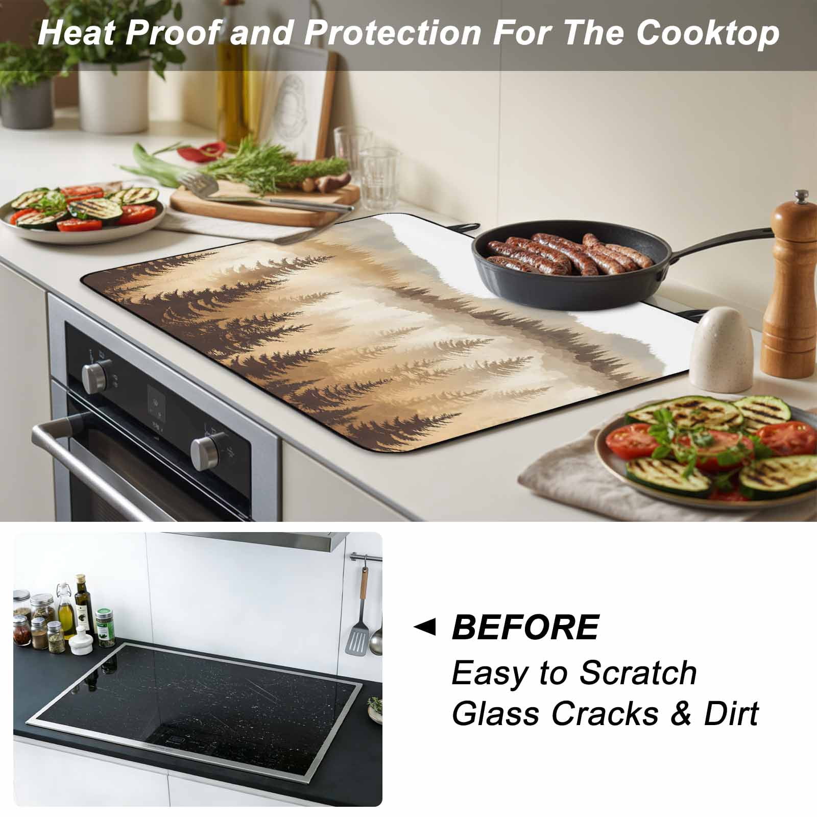 Burly Wood Trees Stove Top Cover for Electric Stove, Heat-proof & Non Slip Glass Top Stove Cover Protector, Forest Mountain Birds Retro Watercolor Kitchen Flat Cooktop Rubber Mat 24x21 Inches