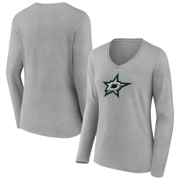 Women's Heather Gray Dallas Stars Primary Logo Team Long Sleeve V-Neck T-Shirt