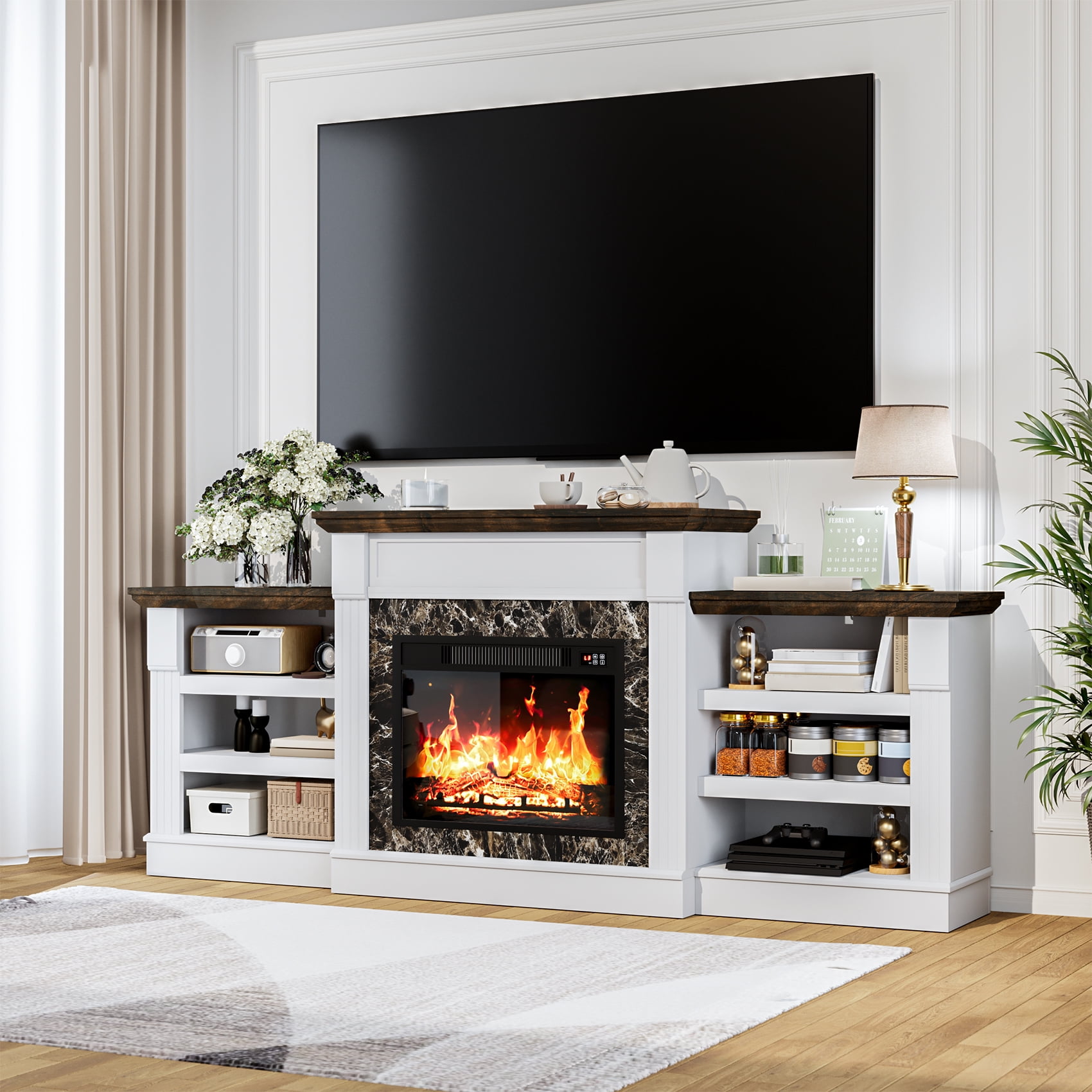 Winkalon 72" Fireplace TV Stand for 75 inch 80 inch TV, Electric Fireplace with Mantel, Farmhouse Entertainment Center with 23" Electric Fireplace, White Brown