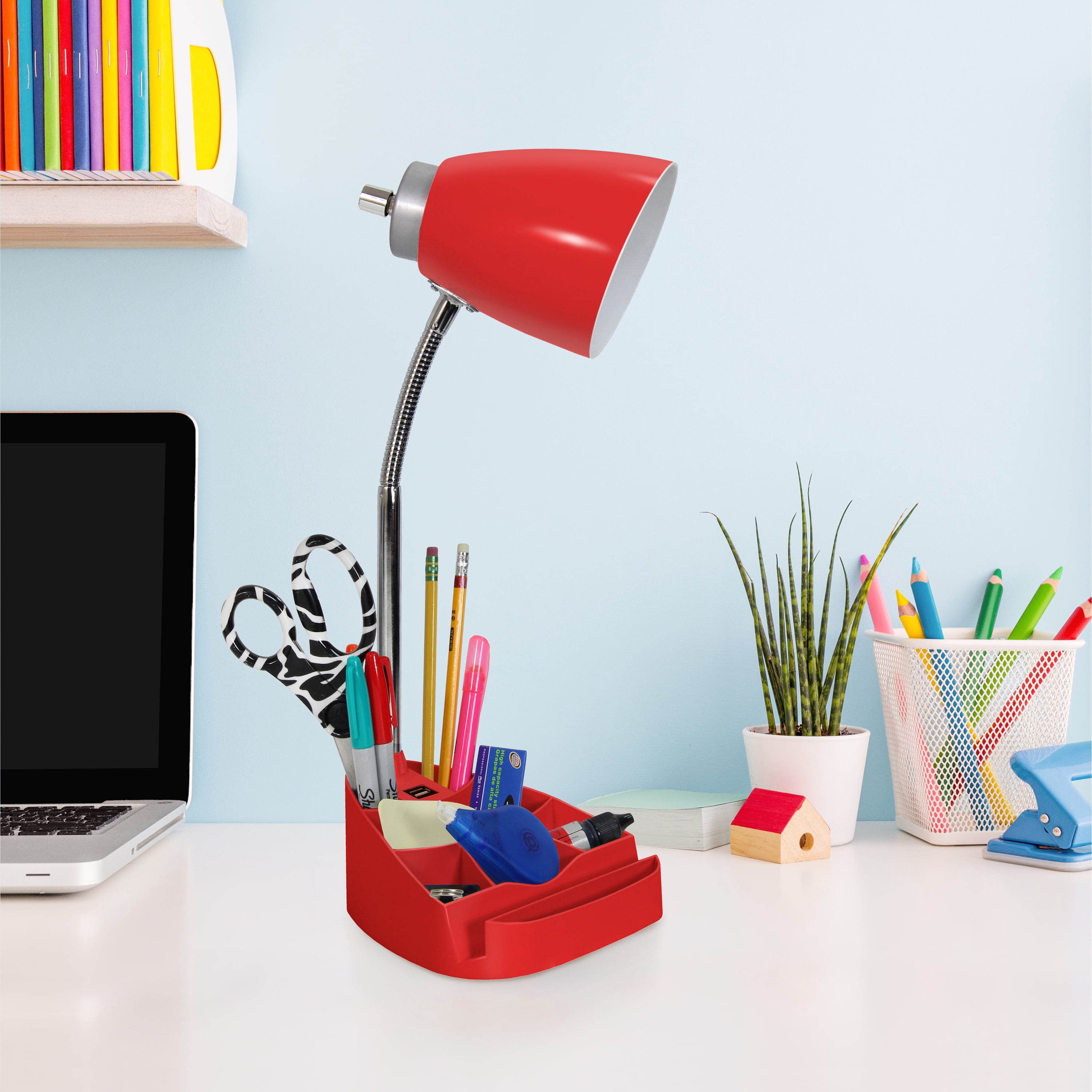 Creekwood Home 18.5" Flexible Coordinating Desk Lamp with USB Port and Storage, Red