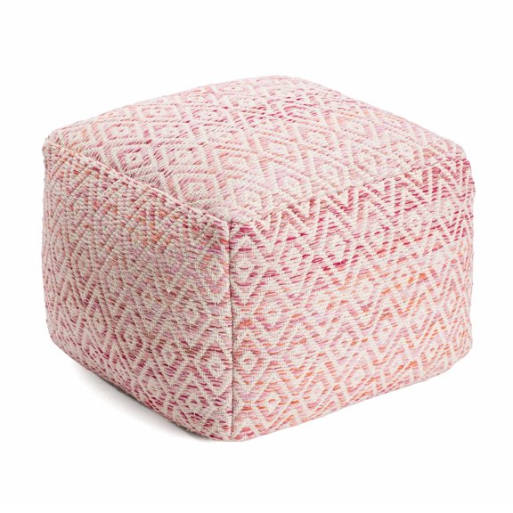 Chero Distressed Diamond 22" Square Pouf Ottoman Ivory and Pink