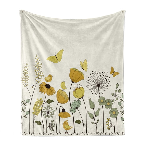Spring Soft Flannel Fleece Throw Blanket, Polka Dot Winged Butterflies Flying over Poppy Flowers and Tulips, Cozy Plush for Indoor and Outdoor Use, 60" x 80", Earth Yellow Pale Green, by Ambesonne