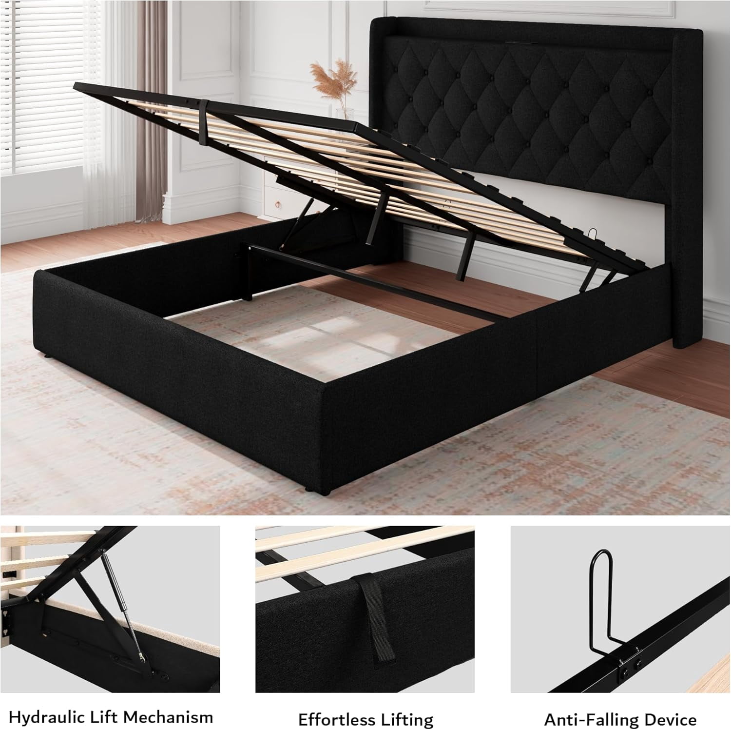 iPormis Queen Lift Up Storage Bed Frame with Charging Station, Upholstered Platform Bed Frame with Velvet Headboard, Hydraulic Storage,Black