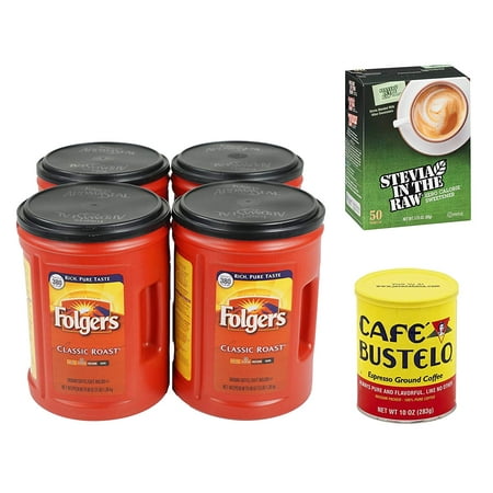 Folgers Coffee Bar Combo 4-48oz Classic Roast Coffee, 1-10oz Cafe Bustelo Coffee Espresso Plus 50ct Stevia In The Raw