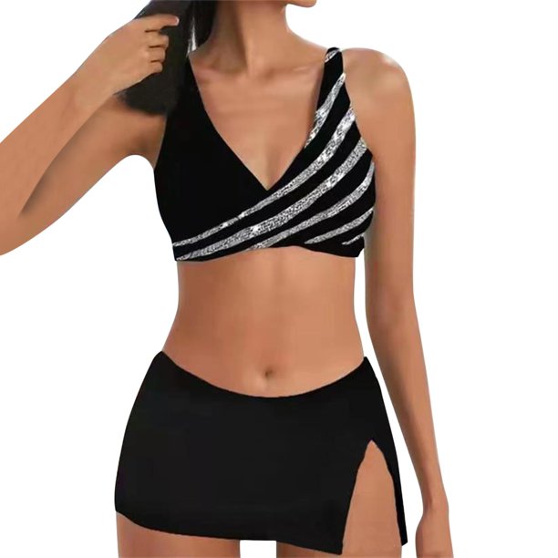 Gibobby Conjunto de traje de baño de bikini Traje de baño de piezas de talle para mujer(Negro,G)