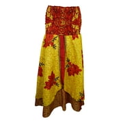 Mogul Womens Ethnic Dress Vintage Silk Sari Yellow Printed Two Layered Maxi Skirt
