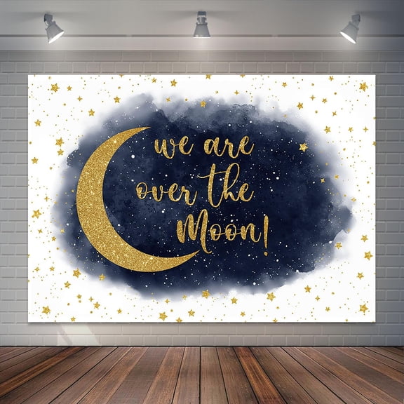 Over The Moon Baby Shower Backdrop Navy Blue Twinkle Little Star Photography Background Gold Moon Stars Baby Shower Party Decorations Banner Photo Booth Props