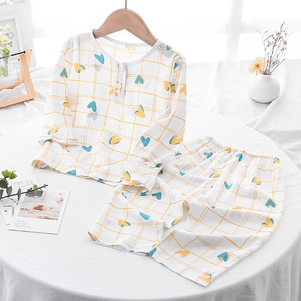 Conjuntos de blusas y camisas de cuello redondo y manga corta para niños de verano, ropa de casa estampada de manga corta para niños y niñas.