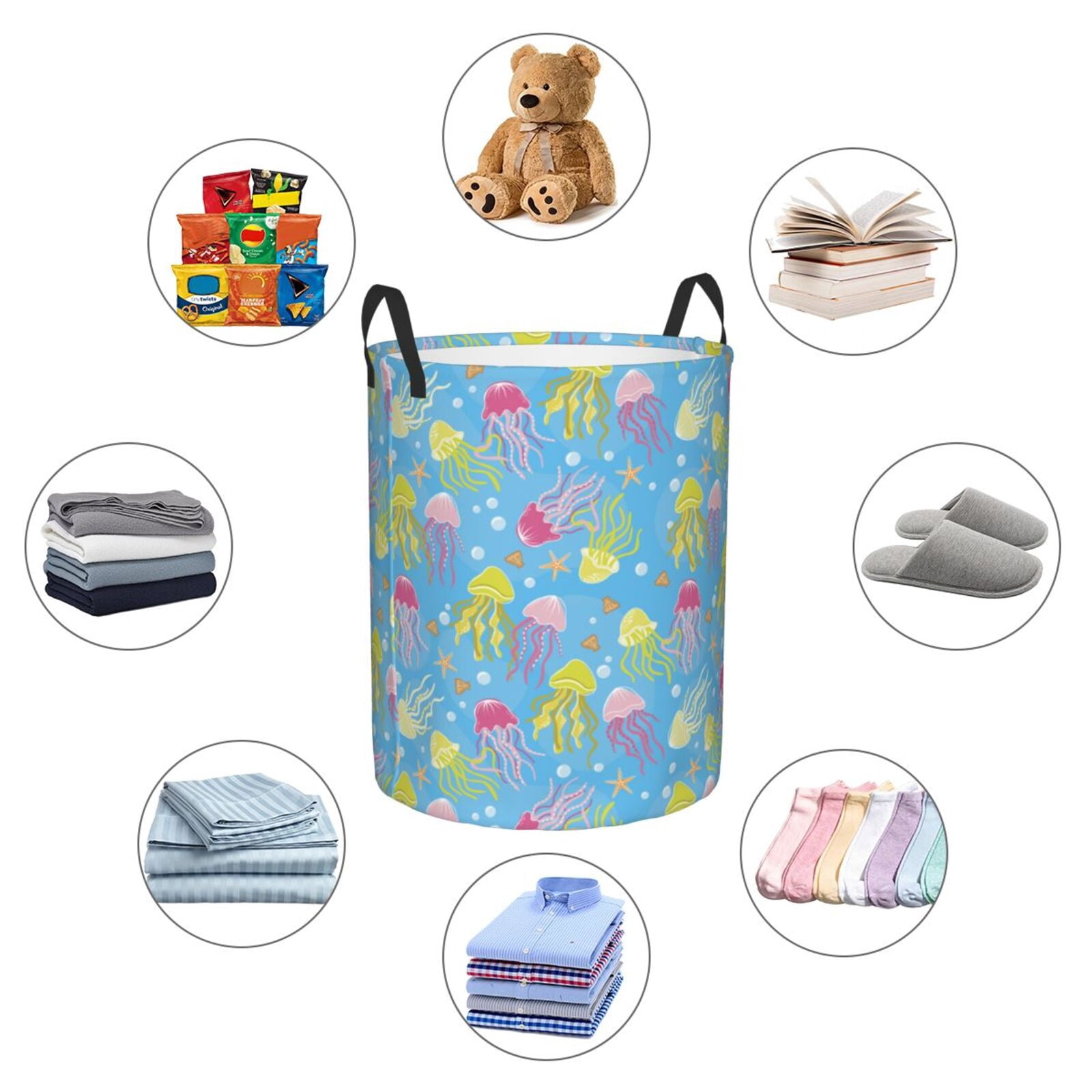Large Laundry Basket with Handles - Cute Yellow Pink Jellyfish Kids Baby Dirty Clothes Laundry Hamper for Bedroom Aesthetic
