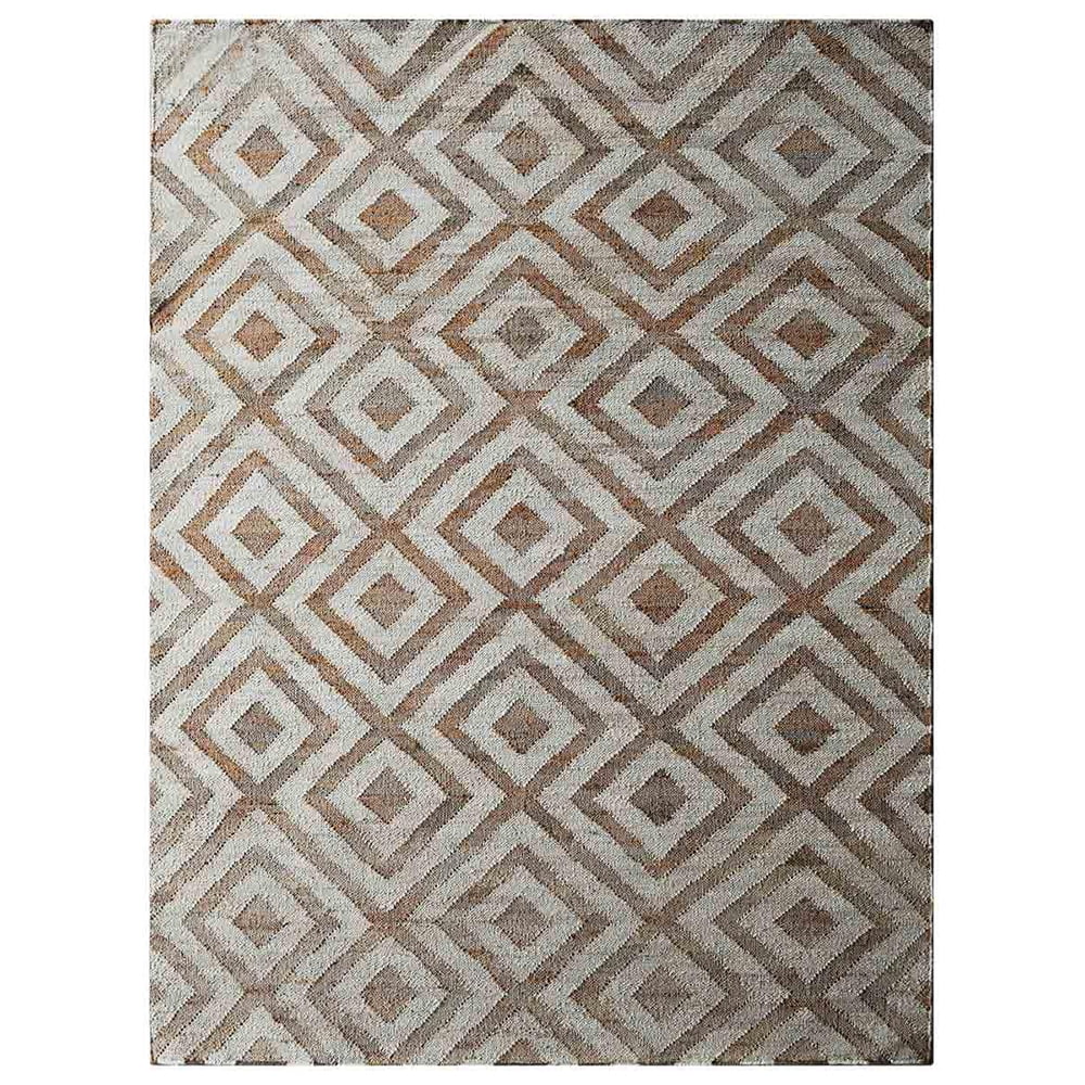 HAND WOVEN FLAT WEAVE KILIM JUTE ECO-FRIENDLY AREA RUGS - 6'x9', Rectangle Shape, White Beige Color, Geometric Pattern, High Pile, Natural Fiber, Handmade Area Rugs for Living Room (J00028)