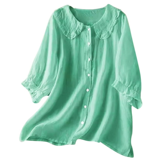 Hauts d'Été pour Femmes Style Ethnique Uni Chemise en Lin à Manches Mi-Longues Verte L