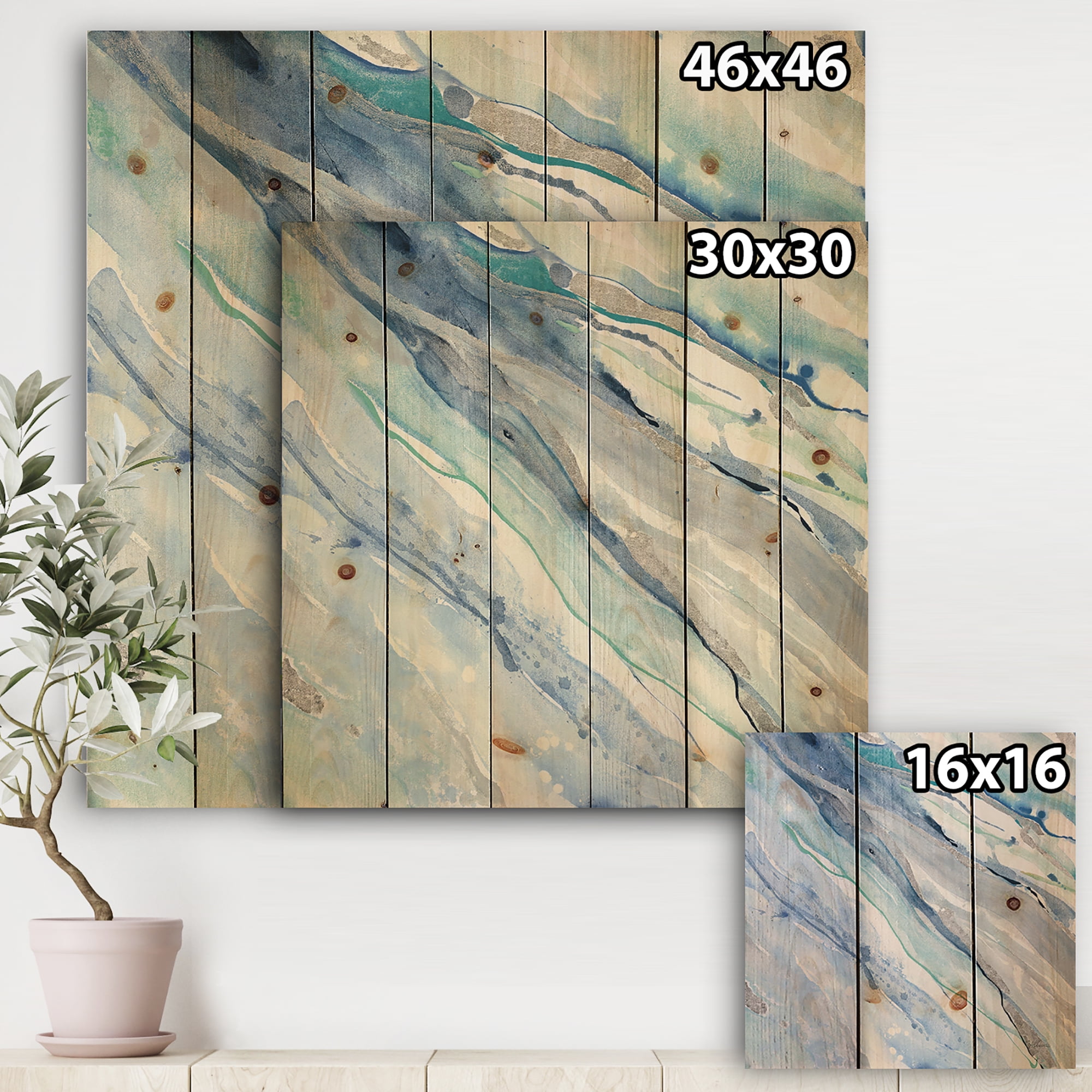 Designart 'Fractal Blue Silver Spring II' Modern Lake House Print on Natural Pine Wood