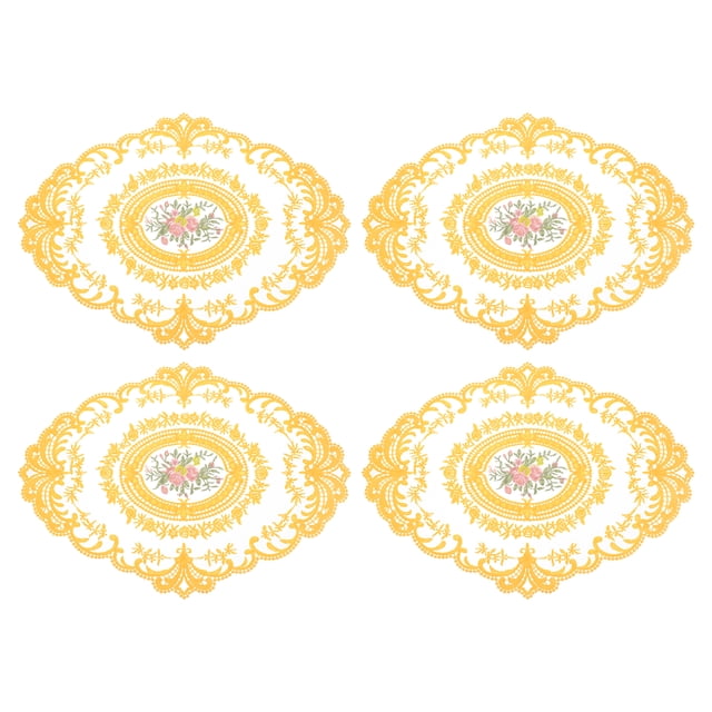 Paquete de 4 manteles individuales ovalados de encaje retro de 12x16 pulgadas, doilies de ganchillo franceses en color amarillo