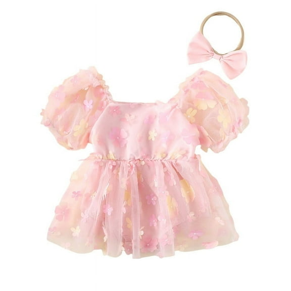 Newborn Baby Girl Clothes pink Floral Meshed Dress Infant Clothes Spring Summer Bubble Sleeve Skirt Headband