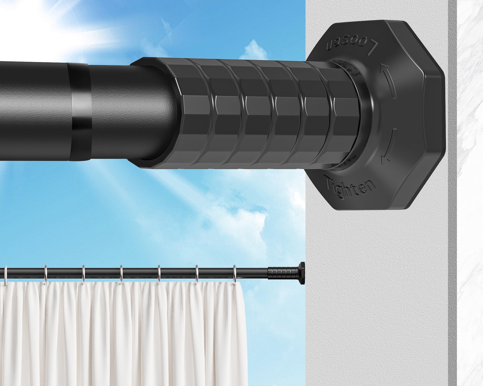 GIRACOA Octagon Tension Curtain Rod 51-168 Inches, Heavy Duty No Drill Adjustable Rod with 12 Rings, Matte Black