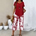 thumbnail image 5 of Snorda Pants Set for Women Short Sleeve Irregular Hem Top High-Waisted Leaf Print Capris Pants Summer Ladies Casual Matching Loungewear Outing Set, 5 of 6