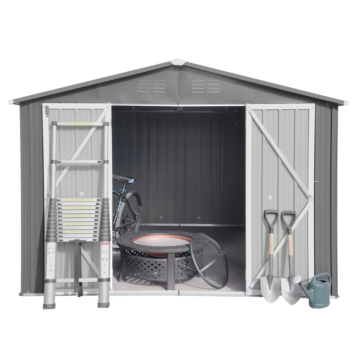 LoLado 10x8 FT Outdoor Metal Storage Sheds, Garden Sheds Waterproof with Lockable Doors, for Backyard, Lawn, Grey