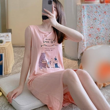 

Women Summer Nightdress Girls Sleeveless Pajama Crew Neck Loose Sleepwear Casual Home Night Gown Korean Version Pajama Cartoon Printing Night Dress with Removable Chest Pad
