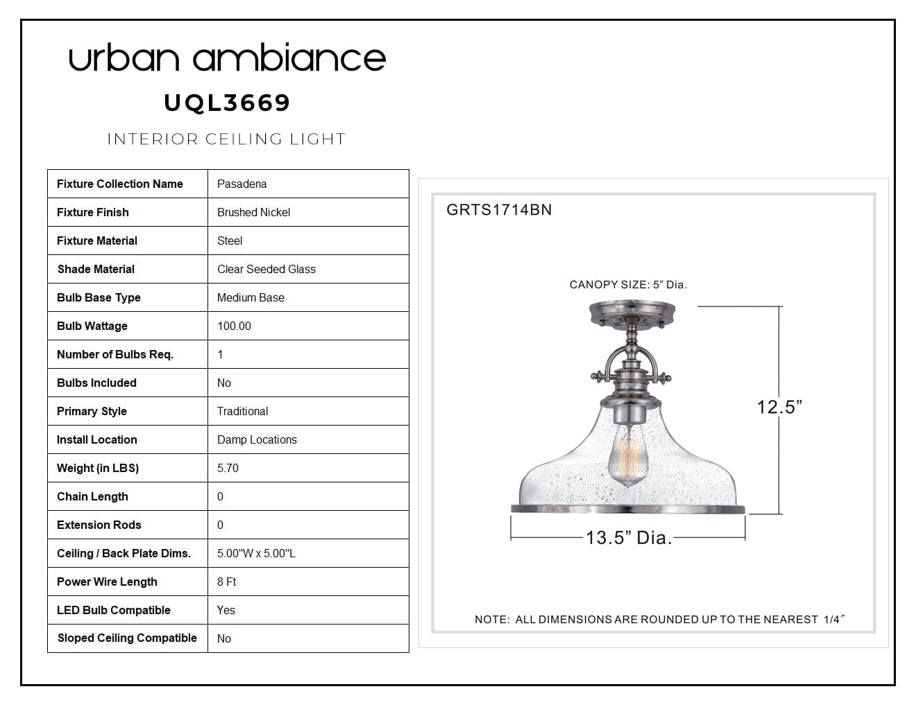 Luxury Traditional Indoor Ceiling Light, 12.50''H x 13.50''W, with Classic Style Elements, Vintage Design, Brushed Nickel Finish and Clear Seeded Glass, UQL3669