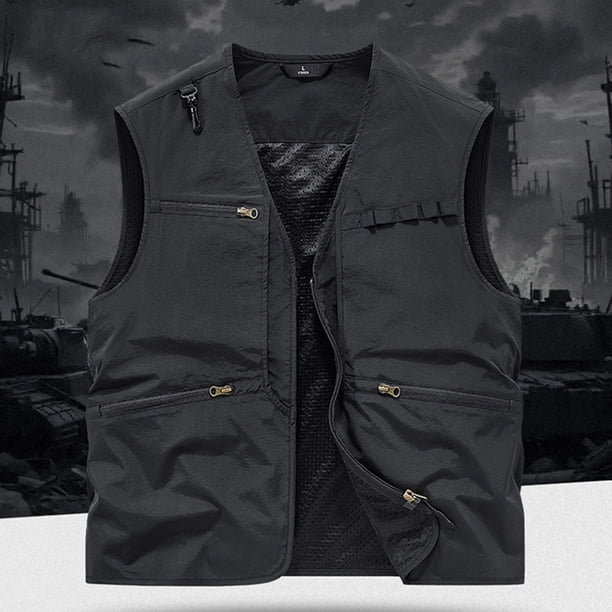 Camiseta sin mangas con cuello en V para hombre, informal, de color liso, con cuello en V y solapa, sin mangas, fina, para exteriores, con múltiples bolsillos, de poliéster.