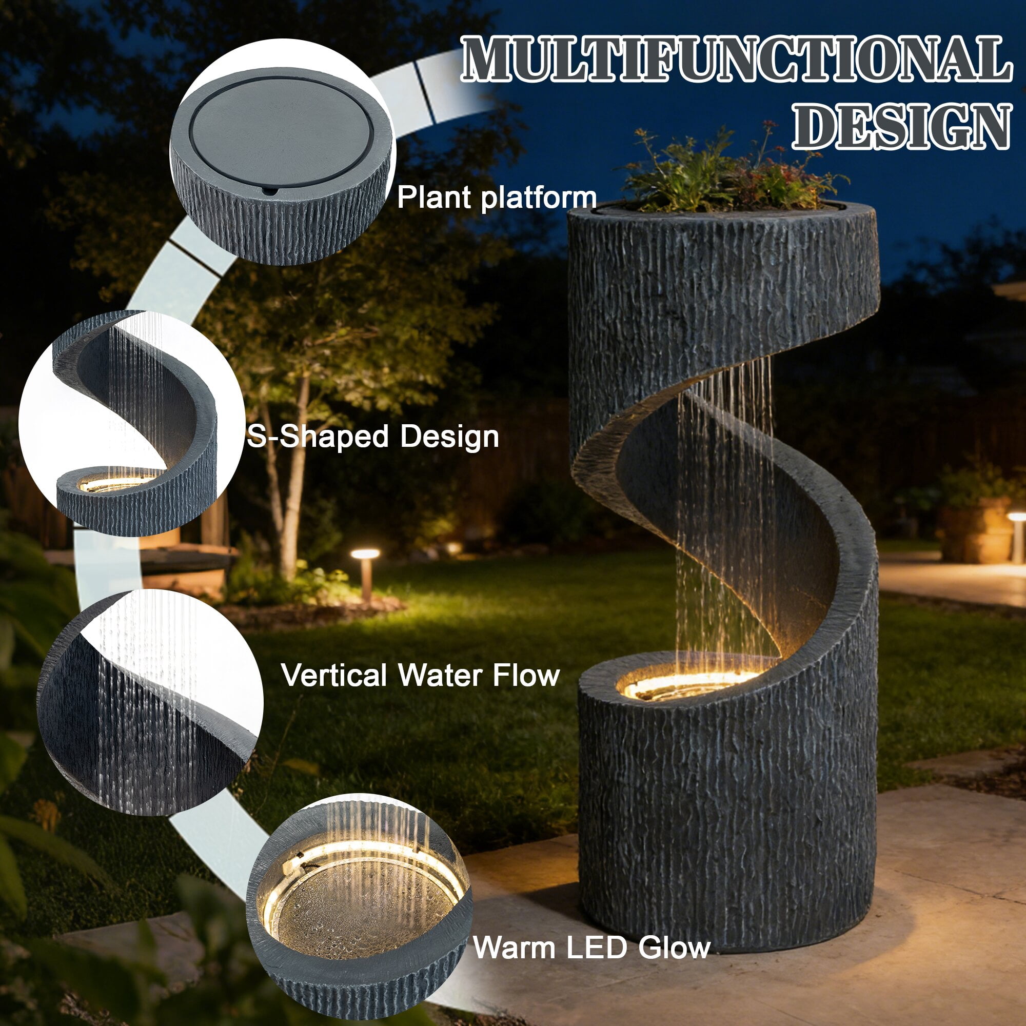 Kaluomm 32" Modern Spiral Column Outdoor Water Fountain with LED Light, Freestanding Resin Waterfall for Patio Garden Decor, Gray