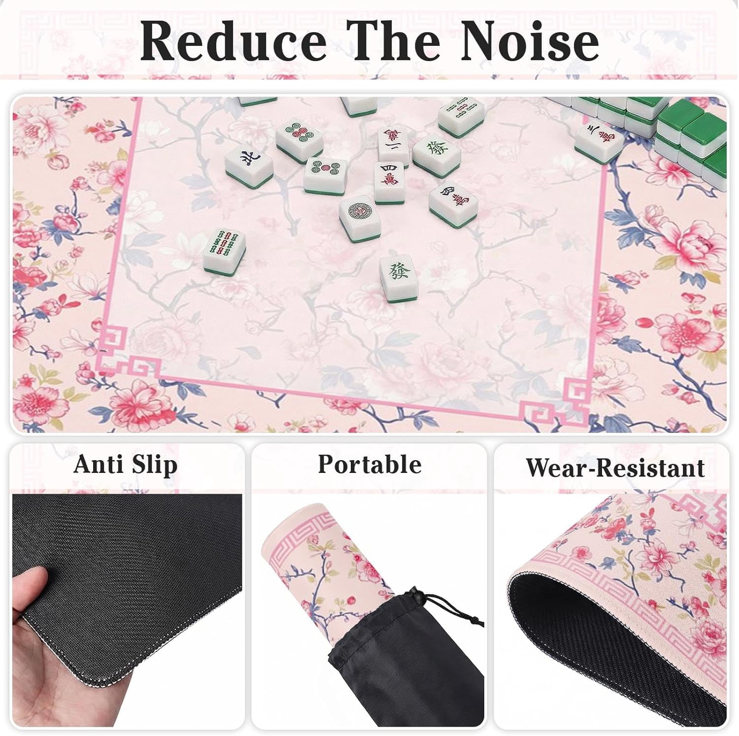 Mahjong Mat with Black Carrying Bag Pink Floral Spring Non-Slip Noise Reduction Gaming Mat 31.5" x 31.5" Rubber Multi Purpose Game Table Cover for Mahjong Card Dominoes Board Tile Games
