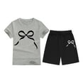 thumbnail image 3 of JAJAHO Girls 2 Piece Outfits Short Sleeve Bow Print T Shirt And Shorts Summer Clothing Set For Kids 2-13 Years Versatile Outfit, 3 of 3