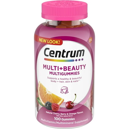 Centrum MultiGummies Multi+ Beauty Dual Action Multivitamin, Specially Designed with Biotin for Healthy Hair, Skin and Nails, Cherry/Berry/Orange Flavors - 100 Count