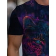 thumbnail image 4 of Men's Vivid Leopard Print T-Shirt - Fashionable Black Short Sleeve with Neon Blue and Pink Swirl Design, Comfortable Regular Fit for Casual Summer Wear, 4 of 5