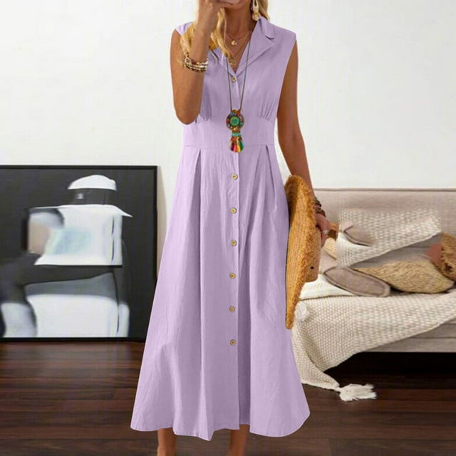 Xdegoge Robe Débardeur d'Été Ample pour Femme à Col en V, Unie, Sans Manches, en Coton et Lin, Couleur Unie, Décontractée, Col Rabattu, Sans Manches, à Boutons, Robes d'Été en Magasin, Liquidation de Vêtements pour Femmes, Violet, TG