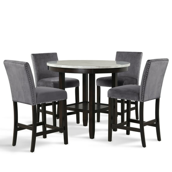 New Classic Furniture Celeste 5-Piece Round Counter Dining Set, 1 Counter Table And 4 Gray Velvet Chairs, 42 Inch, Espresso Base With Faux Marble Top, White With Gray Veining