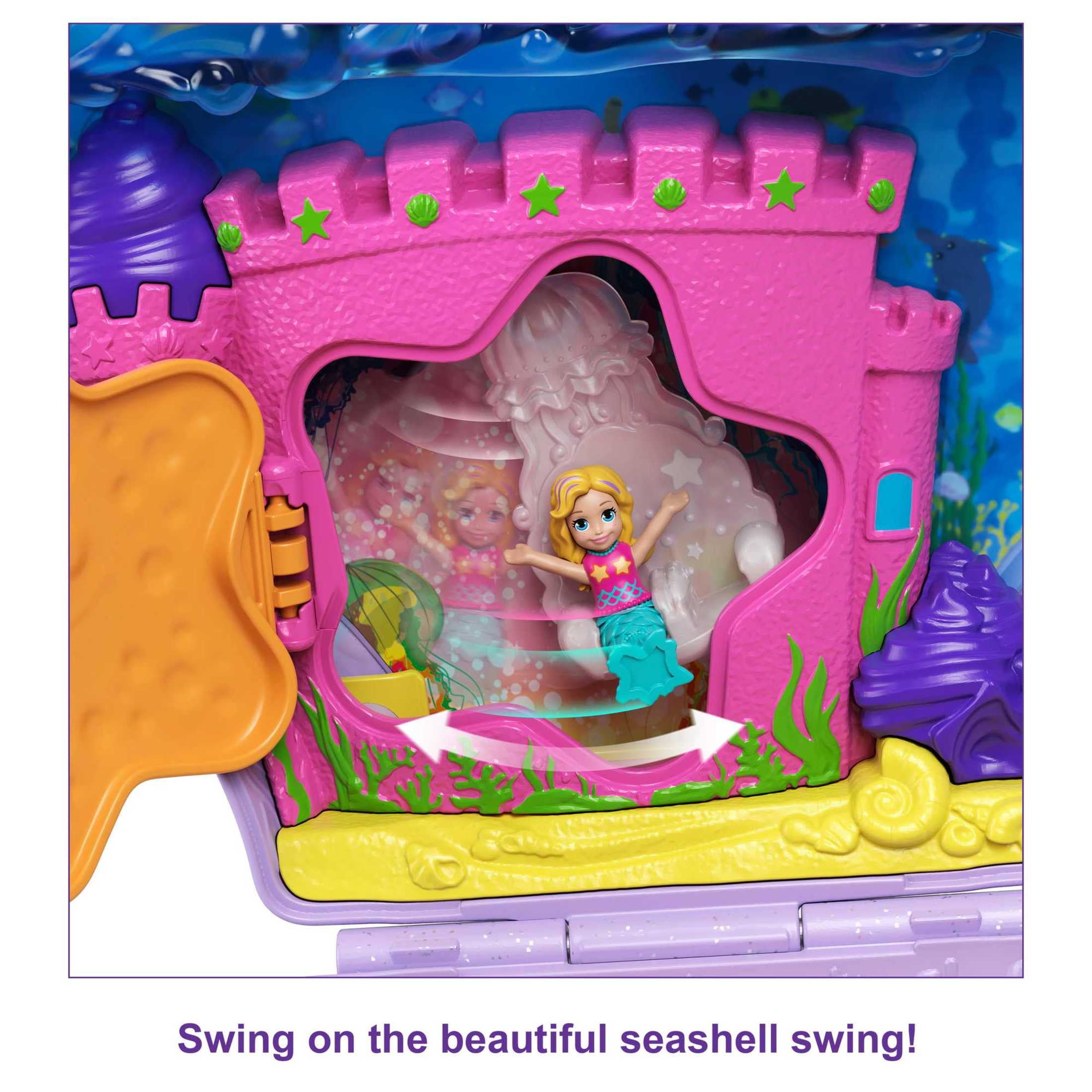 Polly Pocket Travel Toys, Purse Playset and 2 Dolls, Seashell Mermaid