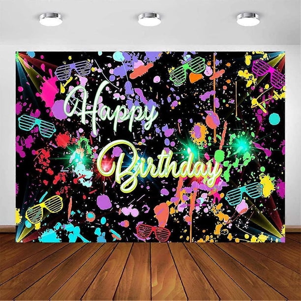 Neon Birthday Party Backdrop 7x5ft Glow in The Dark Graffiti Splatter Happy Birthday Party Banner Photography Background Lets Glow Dance Birthday Deco