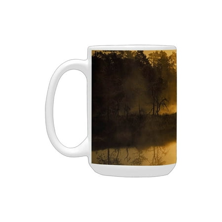 

Nature Idyllic Sunrise in the Bog with Tree Reflections on Lake Misty Magical Morning Scenery Sepia Ceramic Mug (15 OZ) (Made In USA)