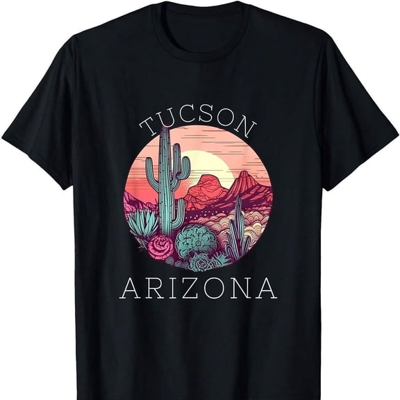 Retro Tucson Arizona Desert Sunset Cactus Graphic T-Shirt Vintage Southwestern Saguaro Landscape Souvenir Tee for Men and Women