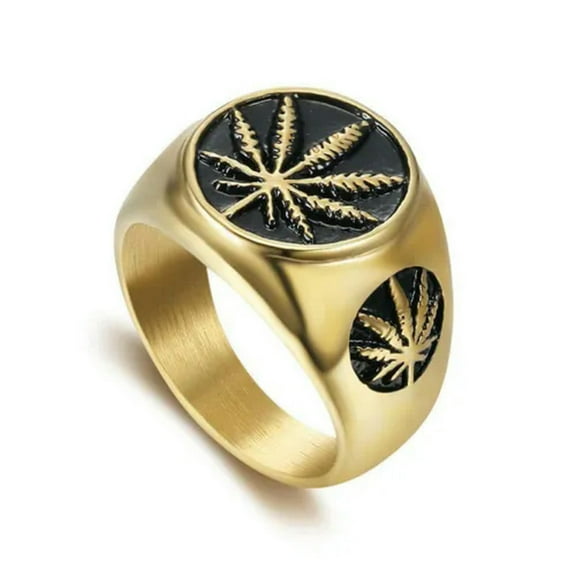 QQTDFG Men's Vintage Stainless Steel Ring Weed Leaf Rock Hip Hop Gold Plated-Gold-9
