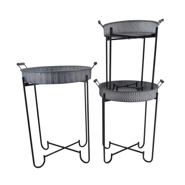 Set Of 3 Patterned Tray Shape With Handles On Metal Frames Plant Stand