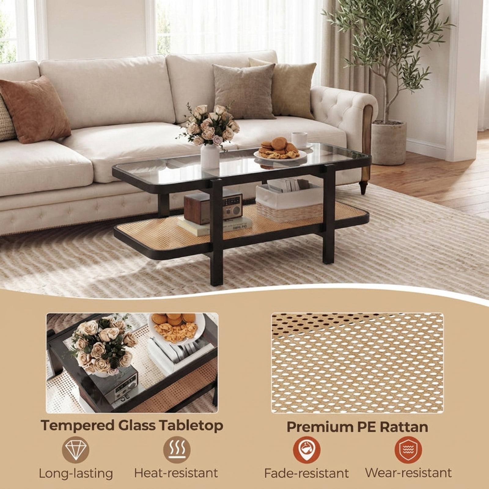 Furnibear 2 Tier Coffee Table with Acacia Wood Frame Tempered Glass Tabletop and Rattan Storage Shelf for Living Room, Brown