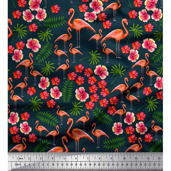 Soimoi Cotton Cambric Fabric Leaves,Floral & Flamingo Bird Fabric Prints by Yard 42 Inch Wide