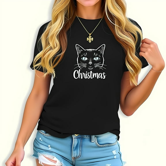 Stylish Black Cat Christmas T-Shirt for Women - Whimsical Design with Blue Eyes & Simple Text - Cotton Short Sleeve Tee