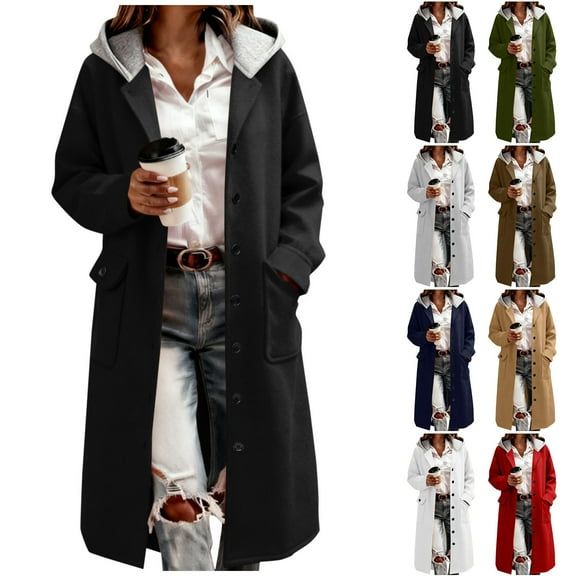 Otntypg Trench Coat Women with Splicing Hood - Single Breasted Notched Lapel Collar Long Sleeve Pea Coats with Pockets Fall Winter Long Outwear Jackets Tops Khaki L