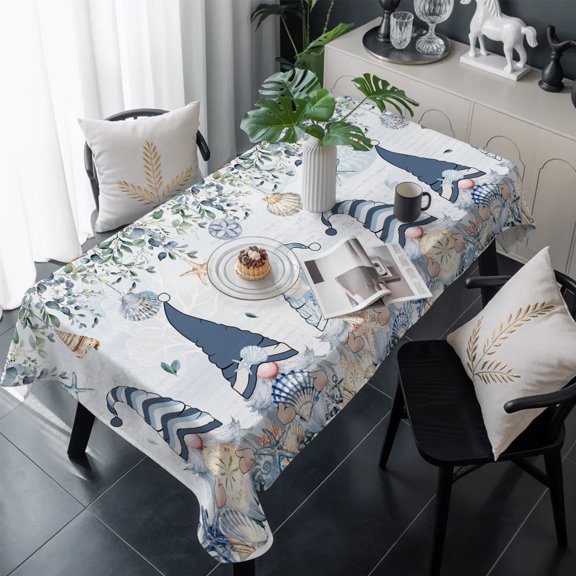 Blue Coastal Gnomes Table Cloth Waterproof Tablecloths, Ocean Eucalyptus Coral Starfish Tablecloth Dining Table Cover for Kitchen Party Tabletop Outdoor, Rectangle Tablecloth 60x120 Inch