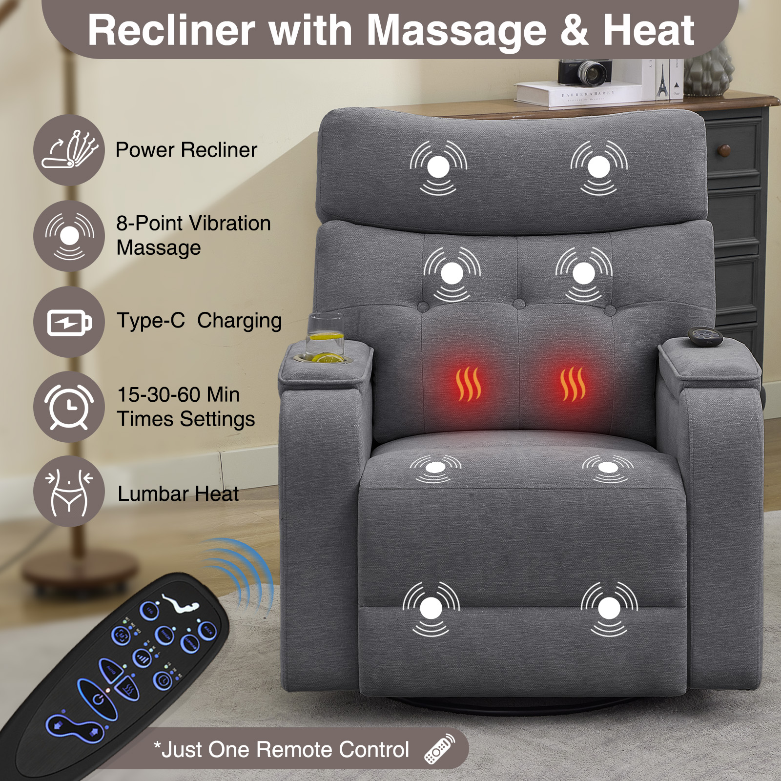Aemeios 22in Wide Power Recliner Chair with Massage and Heat, Swivel Rocker, Grey